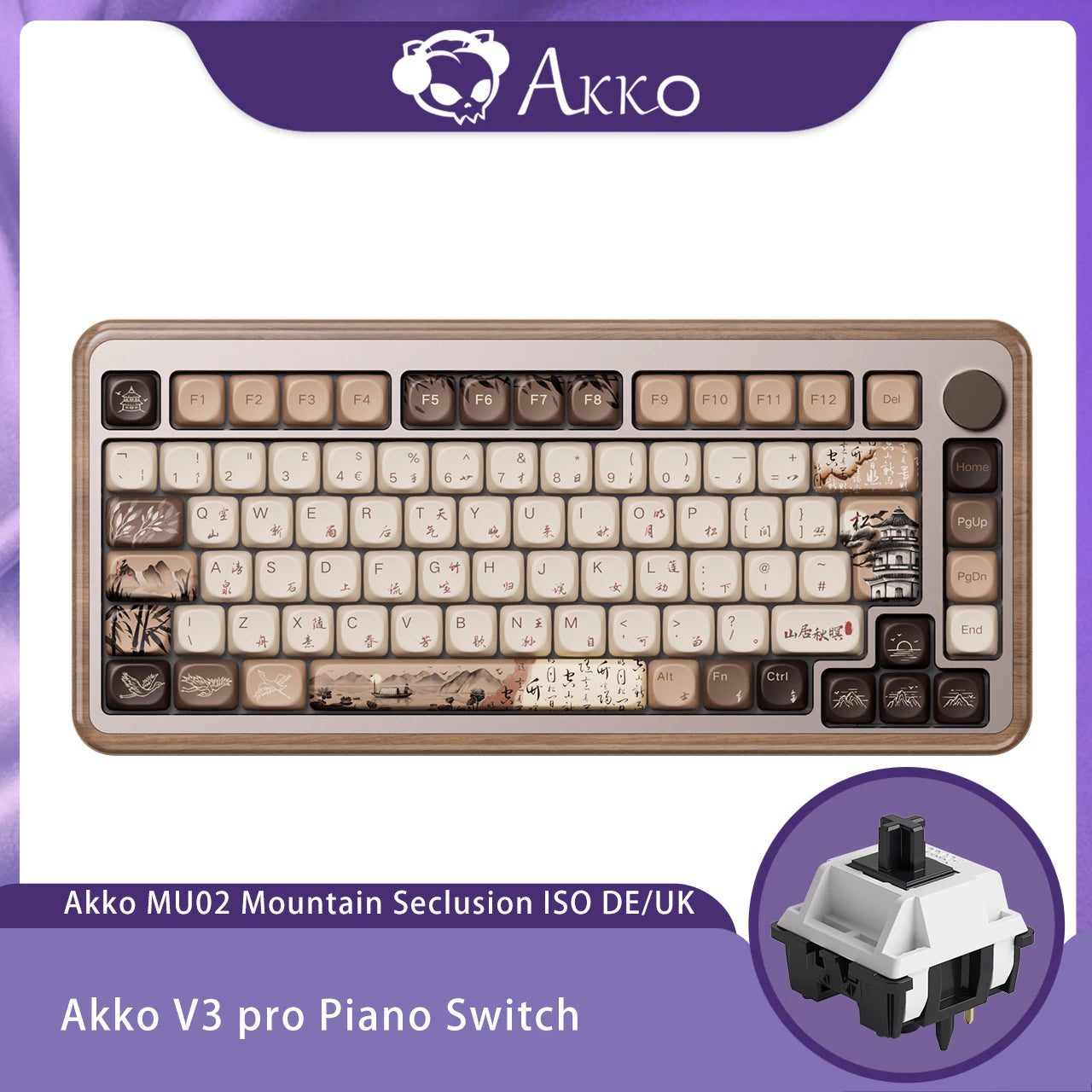 Akko MU02 75% Mountain Seclusion Wooden Mechanical Gaming Keyboard VIA ISO DE/UK RGB Hot Swap BT5.0/2.4G Wireless &Type-C Wired