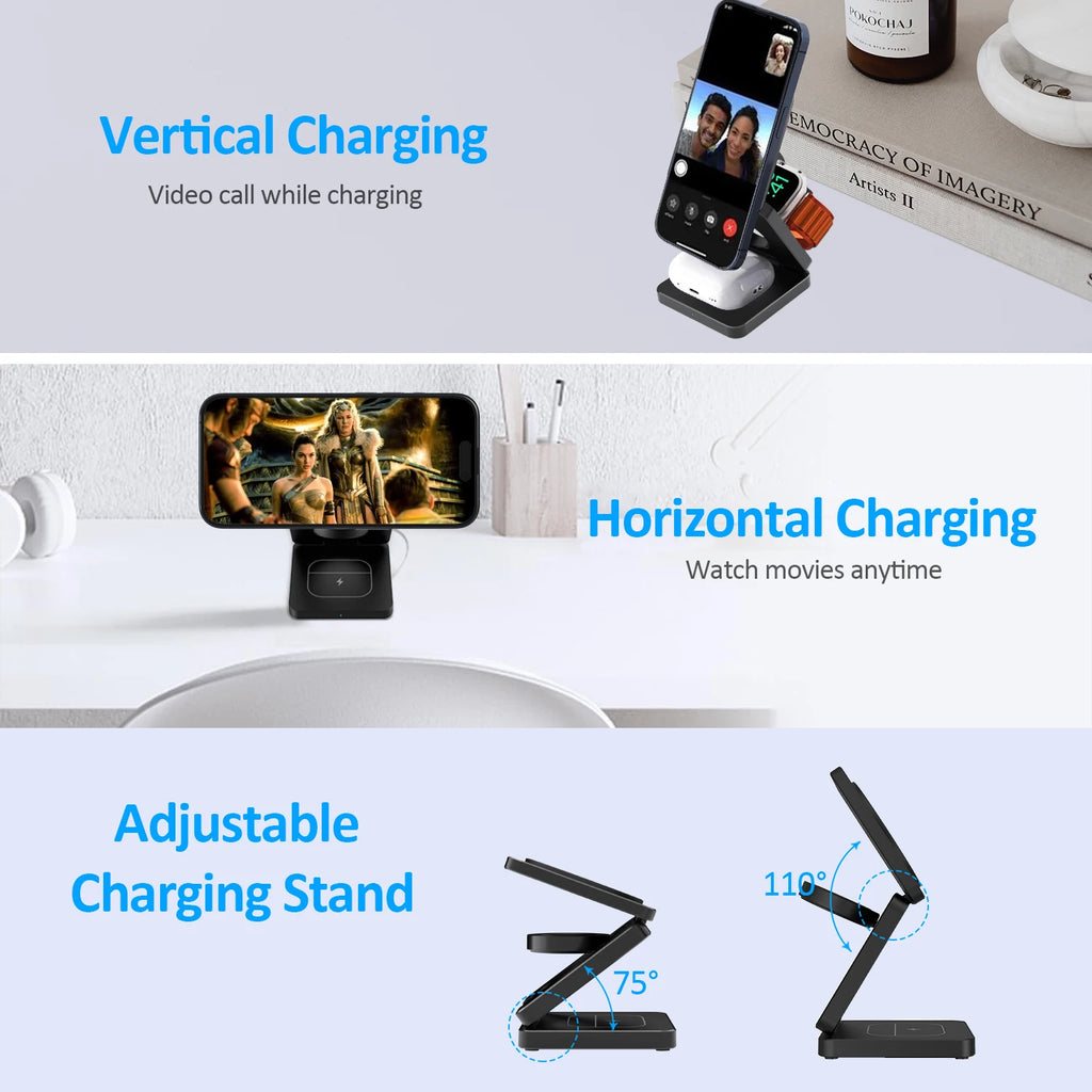 QI2 3 in 1 Magnetic Wireless Chargers For iPhone 16 15 14 13 12 Fast Charging Station For Apple Watch Airpods 3 4 charger stand