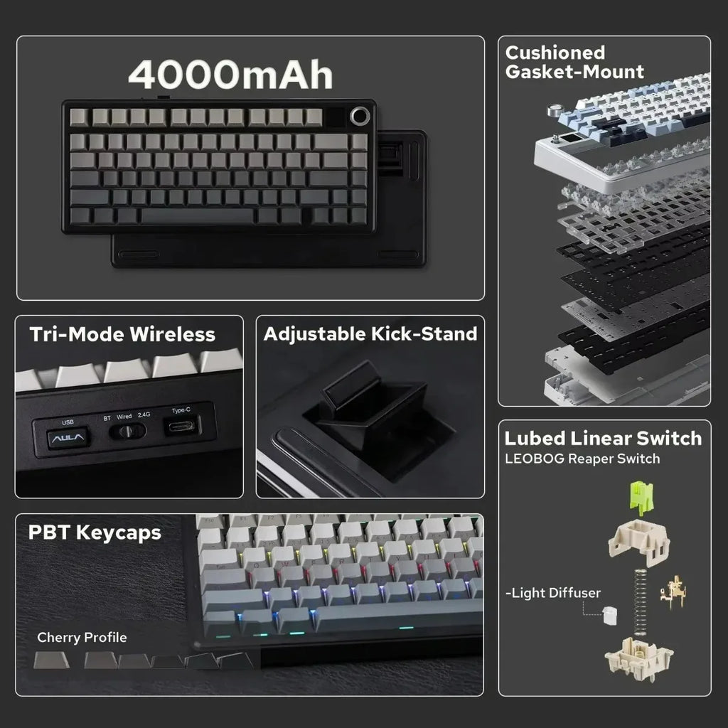AULA F75 MAX 75% Wireless Mechanical Keyboard with TFT Screen Knob Hot Swappable Wired/Bluetooth/2.4G E-sports Gaming Keyboard