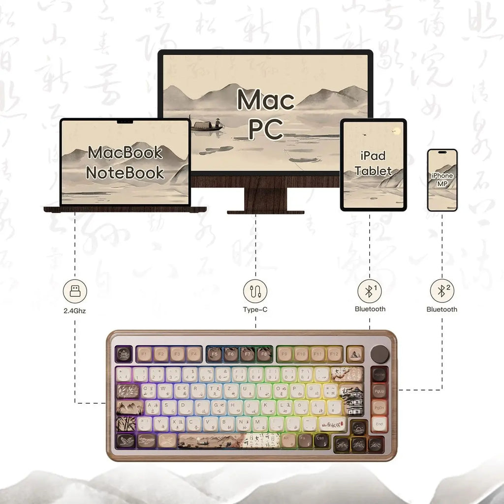 Akko MU02 75% Mountain Seclusion Wooden Mechanical Gaming Keyboard VIA ISO DE/UK RGB Hot Swap BT5.0/2.4G Wireless &Type-C Wired